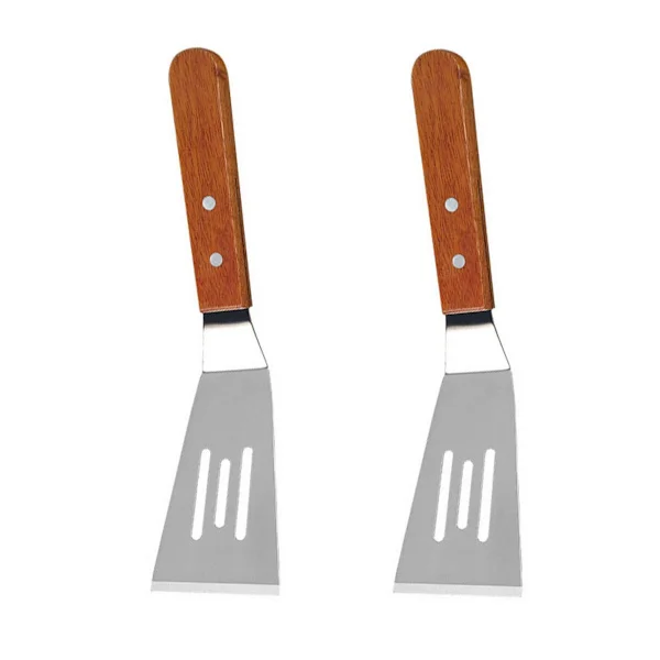Teppanyaki-spatel 901 med trähandtag – liten slitsad rostfri stekspade 2-delars set för biff, grill, BBQ och stekning