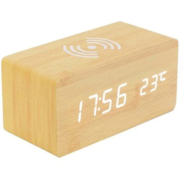 Digital termometer väckarklocka Trä digital väckarklocka LED digital trä väckarklocka med trådlös laddare, Trä väckarklocka med induktionsladdning