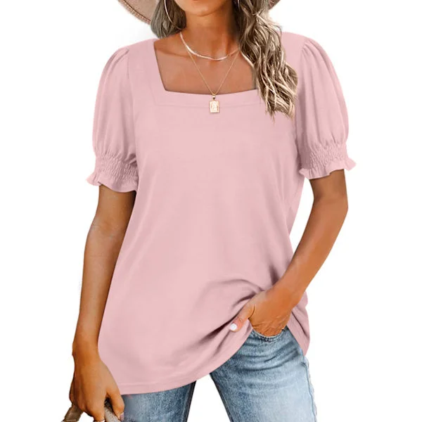 Fyrkantig Hals Rynkad Topp Puff Kort Ärm Enfärgad Polyesterfiber Dam Blus Topp för Dejt Rosa M