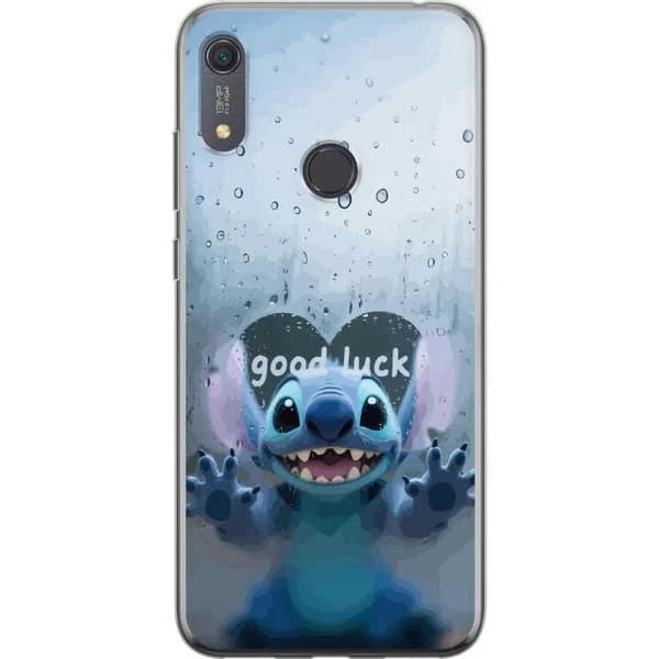 Kompatibelt mobilcover til Huawei Y6s (2019) Blå sød figur bag regnfuldt glas med teksten good luck, legende motiv med vanddråber og blød stil