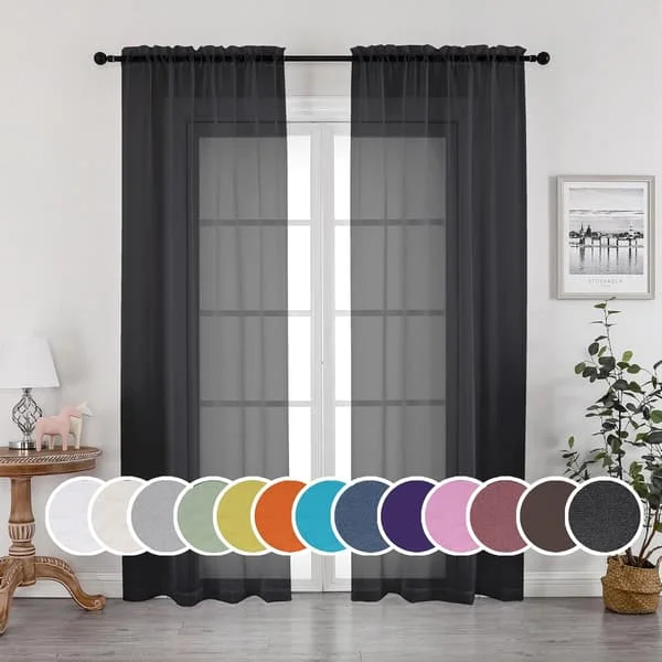 Mustat verhot 213 cm pitkät, 2-osainen setti, valkoiset verhot olohuoneeseen/makuuhuoneeseen, verhot tankotunnelilla, 2 kappaletta, kukin 134 cm L x 