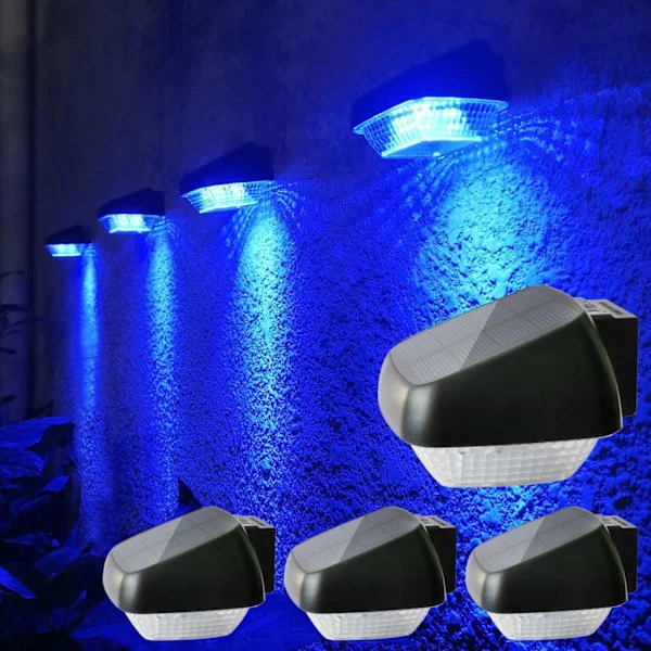 4 Pakning LED Solcellelampe Utendørs Auto På/Av 30LM Høy Lysstyrke Veggbelysning IP65 Vanntett Solcelle Sikkerhetslampe for Hage, Gjerde, Blått Lys