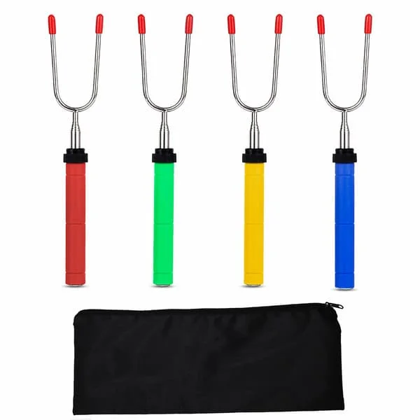 Bbq Marshmallow Roasting Sticks Rostfritt stål gafflar Set Utdragbar roterande 34 tums U-form Hot Dog Roasting Sticks Dragkedja
