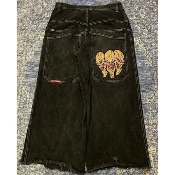 【BQ】Retro Gotiske Højtaljede Jeans til Mænd og Kvinder Y2k Baggy Sorte Harajuku Hip Hop Mønstrede Broderede Blå Denim Bukser Vide Jeans M