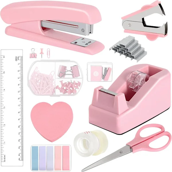 Kontorrekvisitasett, rosa stiftemaskin og teipdispensersett med stiftfjerner, med 1000 stifter, binders, teip, saks og faner - FX - rosa