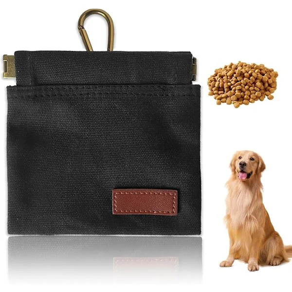 Black Treat Bag for Dogs, Dog Training Bag with Carabiner, Lightweight and Water-Repellent Dog Treat Pouch, Dog Accessories for Training Exercises
