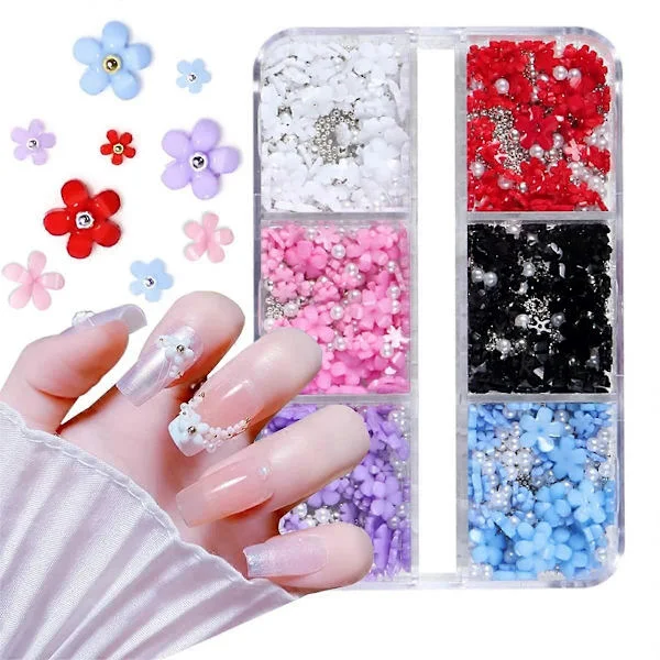 3D Flower Nail Charm, 6 Grids 3D Nail Flowers Rhinestones Beads White Pink Blue Cherry Blossom Nail Art Decals Charm for Acrylic[TT]