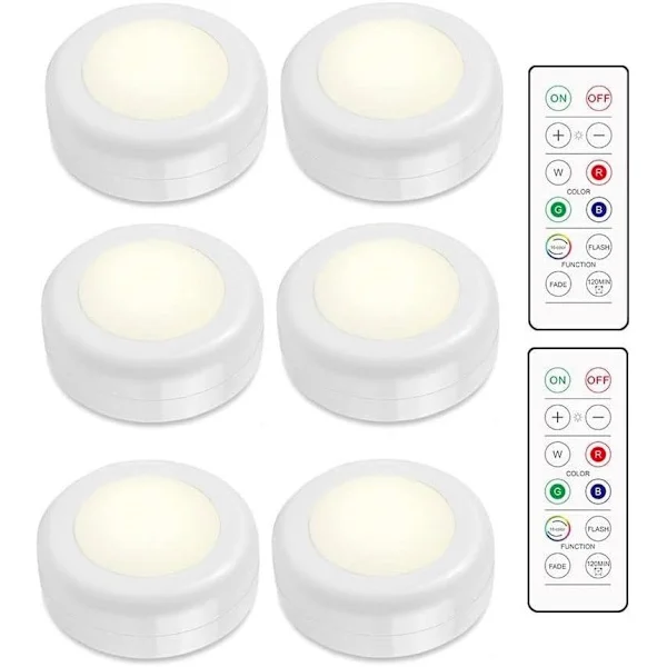 LED spot RGB batteri med fjernkontroll, 16 farger LED nattlys, batteridrevne skaplys, dimbar trappelys, 6 stk