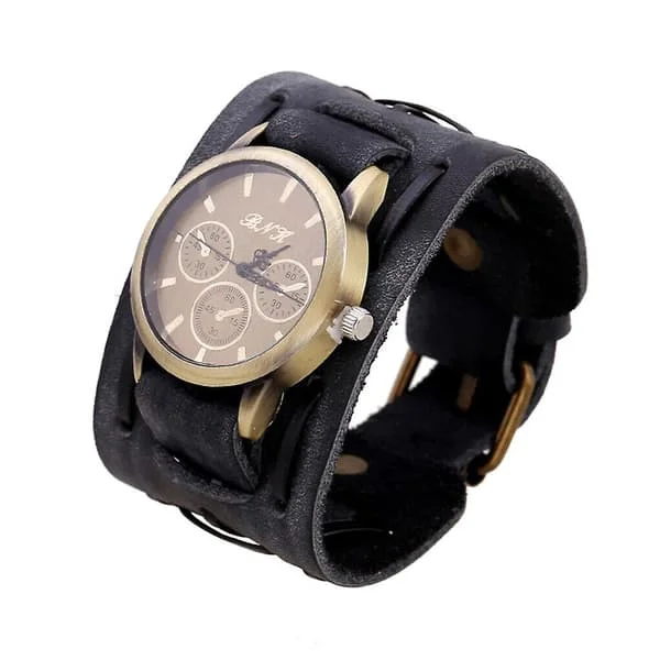 Retro Watchband for Men, Wide Leather Bracelet Cuff Vintage Wristwatch Quartz Watch