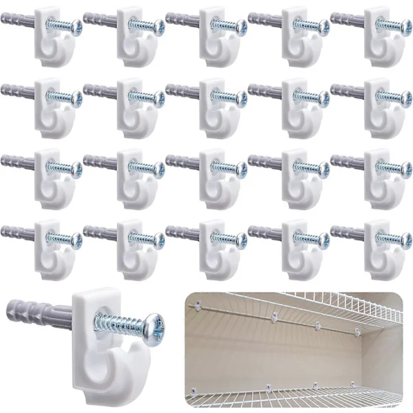 Wire Shelf Loop Clips - 20 White Wall Mounts for Closet Shelves