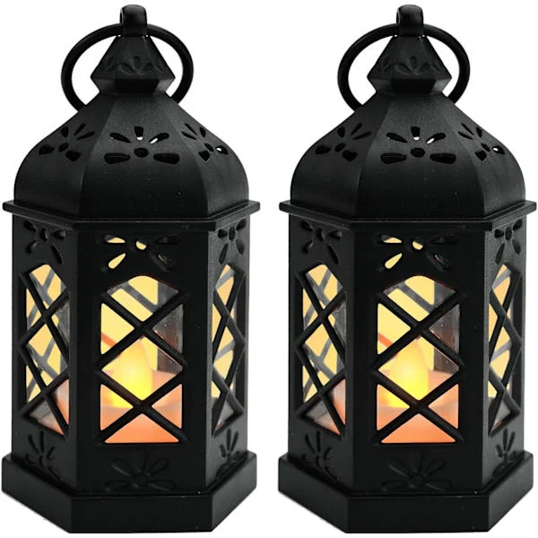 2 stk. Vintage Lyslykter Hengende Lykter med Flimrende LED-Lys Svart Dekorative Lyslykter for Middelalder