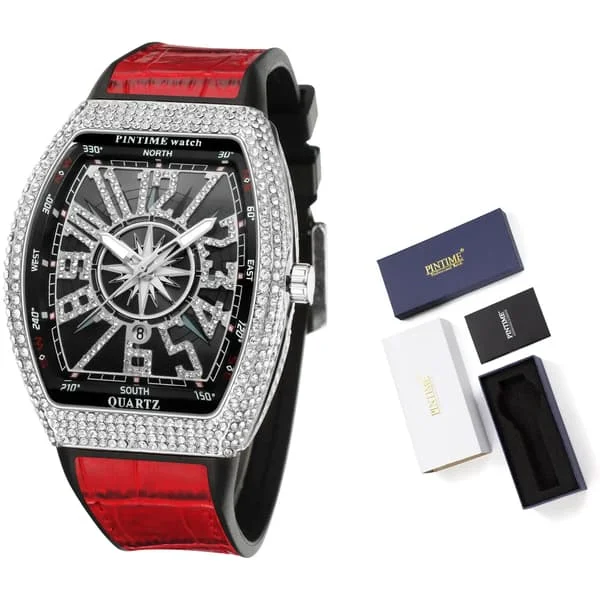 Men's Watch Luxury Diamond Iced Waterproof Quartz Wristwatch Blue Silicone Band Party Casual Dress Watches