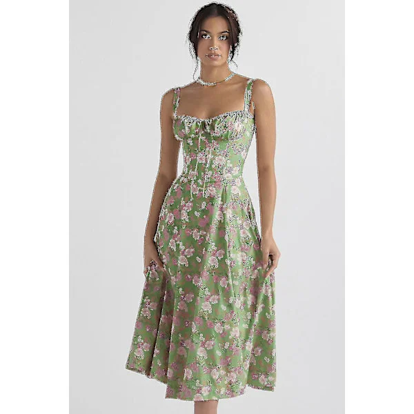 Kvinnor Blommig Boho Midi Bustier Kläder Dam Carmen Print Solklänning Sommar Beach Swing Kläder