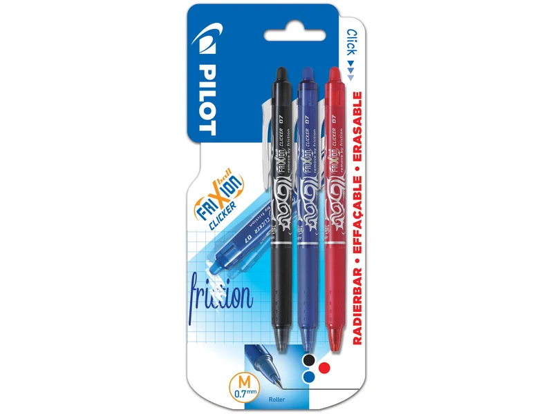 Pilot FriXion Ball Clicker Penn viskbar, 0,7 mm, 3-pakk, Markere & markører