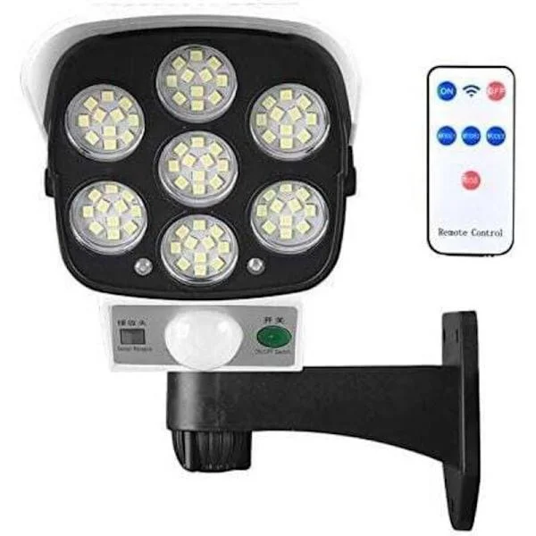 Utomhus Solcellslampa med Rörelsesensor och Falsk Övervakningskamera, IP66 Vattentät, 77 LED Väggstrålkastare för Gård, Trädgård, Garage - Kompatibel 