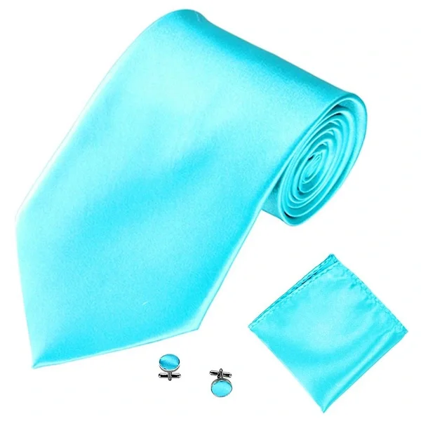 Men's Solid Color Suit Ties Cufflinks Handkerchief Set Tuxedo Suit Sea Blue (Ties Only)[ZHE]