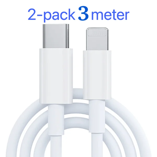 2-pakning Lader for iPhone - USB-C - Kabel / Ledning - 20W - 3m - Hurtiglader Hvit_tfrf
