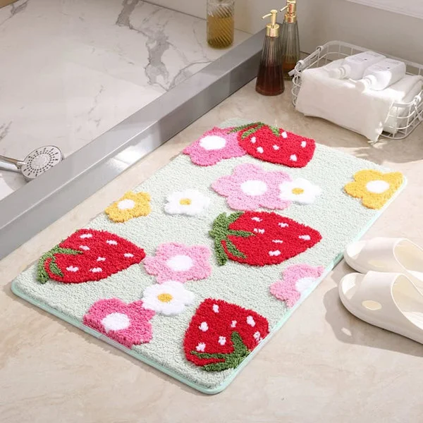 Soft and Cozy Strawberry Bathroom Rugs, Cute Bath Mat Doormat, Non-Slip Washable Fluffy Bedroom Carpet