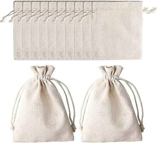 Pakke med 12 Små Bomuldsposer, 12*17cm Beige Bomulds Snøreposer Naturlige Små Stofposer Til Smykker, Gaver, Fyldning af Stofposer