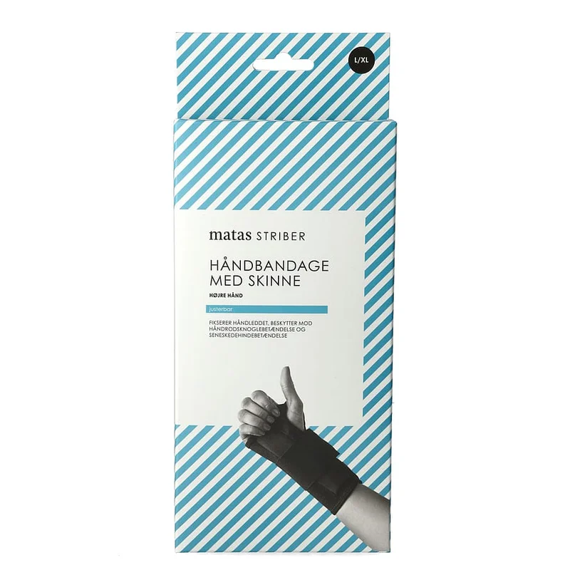 Spar 20% • Køb 2, Matas Striber Håndbandage med Skinne Sort Højre L/XL, Medicin & Pleje, Støttebind, Håndledsstøtte
