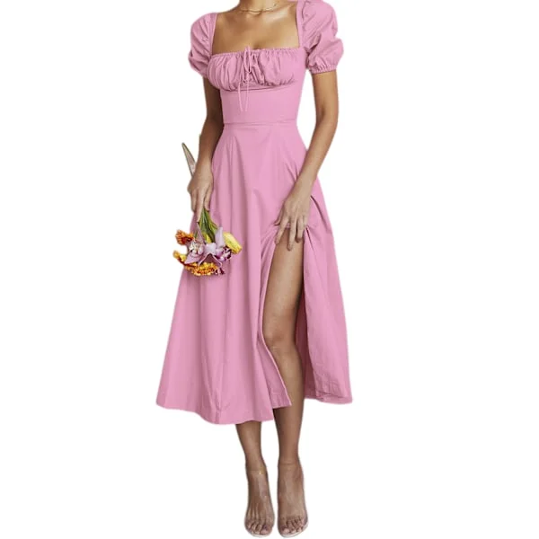 Women's Summer Dresses French Retro Solid Color Square Collar Hem Sexy Silk Slit Bubble Sleeve Dress (Pink XL)