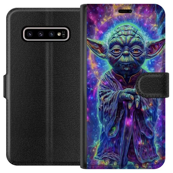 Kompatibelt Plånboksfodral till Samsung Galaxy S10+ Psykedeliskt porträtt av vis gammal figur med kosmiska färger och mönster