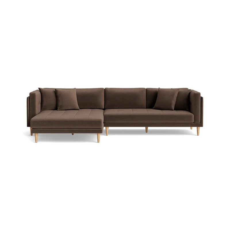 Cali Chaiselong Sofa, Venstrevendt - Riviera Brun, Bred Chaiselong, 295x170x76cm - Minimalistisk Design med Bøgetræsben & Pyntepuder