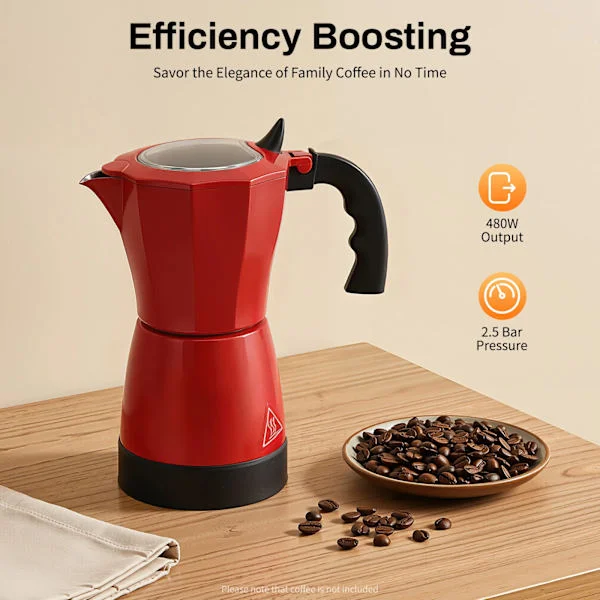 480W elektrisk kaffebryggare 300ML kaffekanna med 360° bas för 6 koppar, aluminiumlegering, röd
