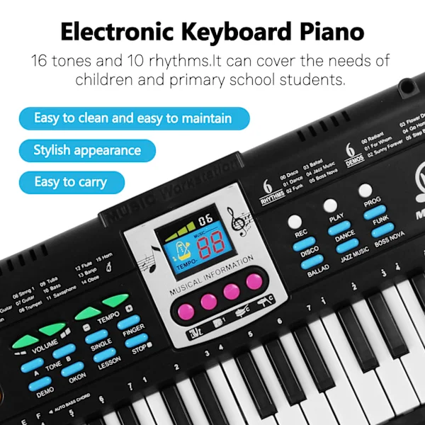 61 Tangenter Digitalt Musik Elektronisk Keyboard Barn Multifunktionell Elektrisk Piano för Piano Student med Mikrofon Funktion Musikinstrument