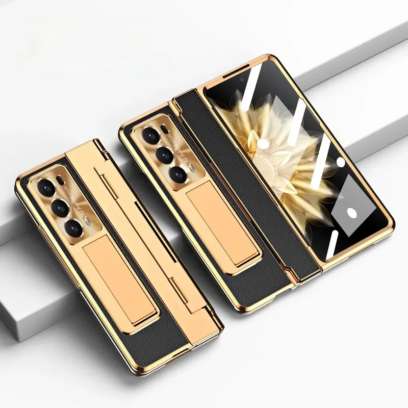 AliExpress - Coque de téléphone pour Honor Magic V2 VS2, en cuir uni galvanisé, support de charnière, Film de coque, housse de protection magique VS 2
