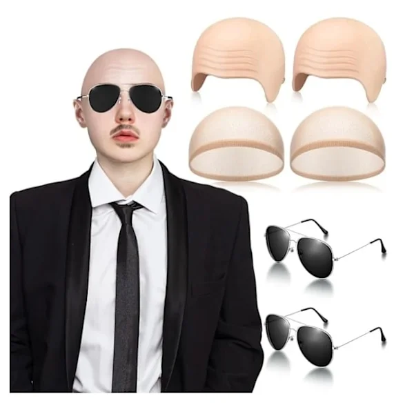 Mr Worldwide Bald Cap & Solglasögon Set, Kändisikon Maskerad Pitbull Kostymtillbehör Set 2 Delar med Glasögon