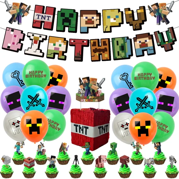 38-delt bursdagsfestsett med Minecraft, sett, dekorasjon bursdag, god bursdag, sett