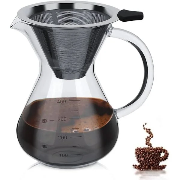 Häll över kaffebryggare, manuellt kaffefilter, borosilikatglaskaraff, manuell häll över kaffebryggare med permanent filter, 0,4 L
