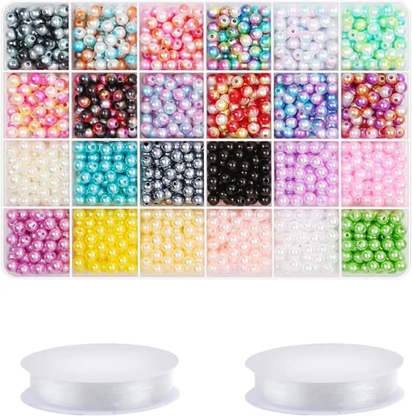1680 Fargerike runde perler, med oppbevaringsboks 1 stk, 2 ruller med transparent perletråd, kunstige perler med hull, for å lage halskjeder, armbånd,