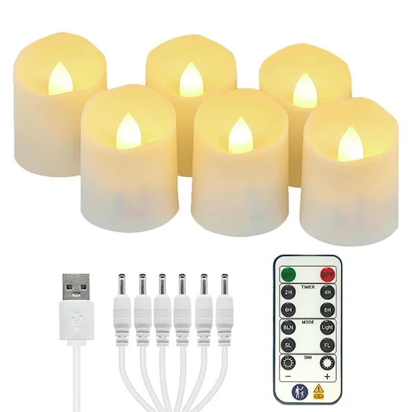 Oppladbare LED-lys, 6-pakke flammeløse lys med fjernkontroll, flimrende telys med USB-ladekabel for Halloween Home-XF6-