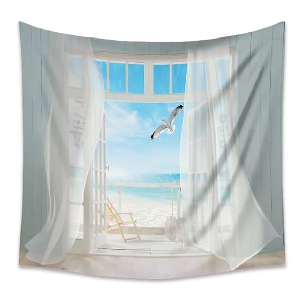 Blå Ocean Sea Fabric Wall Tapestry, Sea Beach Nature Tapestry,