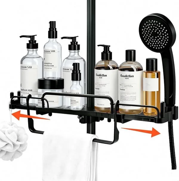 Telescopic Shower Caddy 33-49CM Bathroom Organizer No Drilling Required for Shower Rods with a Diameter of 18mm to 26mm with 6 Hooks Black