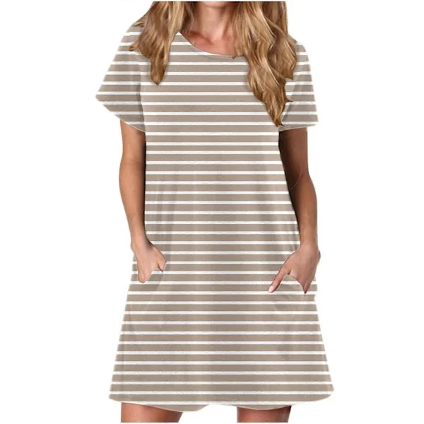 QLEICOM Kvinders Sommer Casual T-shirt Kjoler O Hals Korte Ærmer Løs Kjole Solkjole med Lommer Khaki A S, US Størrelse: 4