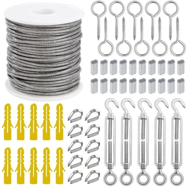 Wire Rope Hanging Kit 2mm Rostfri Vajer 30m med Vantskruv Ögleskruv Aluminiumhylsor Hjärtformad Kauser 56 Delar