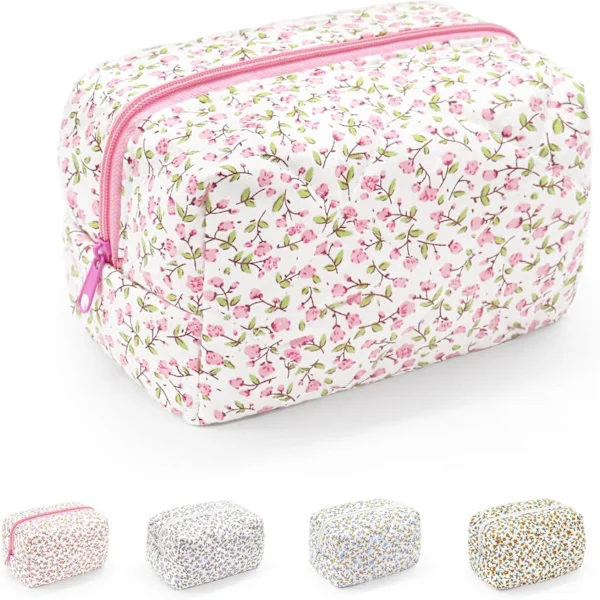 Small Makeup Bag, Cotton Portable Toiletry Bag, Quilted Floral Cosmetic Bag Wash Organizer Pouch for Women Girls Ladies Pink Pink