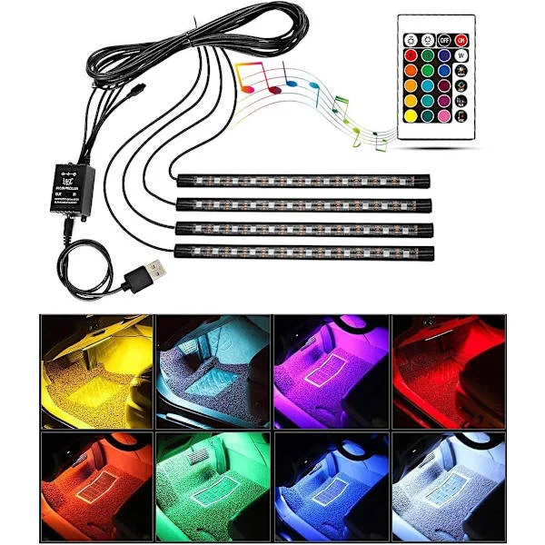 Auton sisätilan LED-valonauha, musiikin äänen mukaan aktivoituva ja kaukosäätimellä ohjattava 4 in 1 vedenpitävä valopalkki RGB-tunnelmavalot autoon