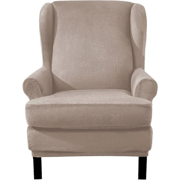 Fløyel Stretch Wingback Stol Sofa Trekk 2-Delt Stretch Sofa Trekk Møbelbeskytter Myk Sofa med Elastisk Bunn (Khaki)