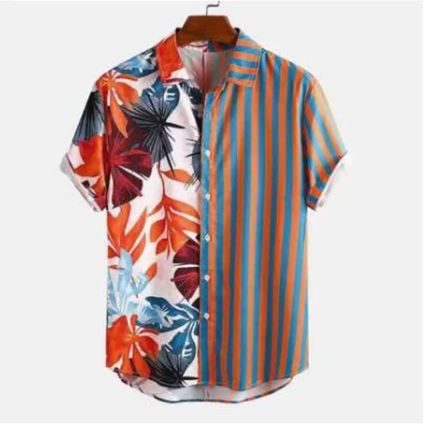 Herr sommarskjorta, mönstrad skjorta, blommig strandstil, retrokläder, hawaiiansk avslappnad krage, kortärmad knappstil.