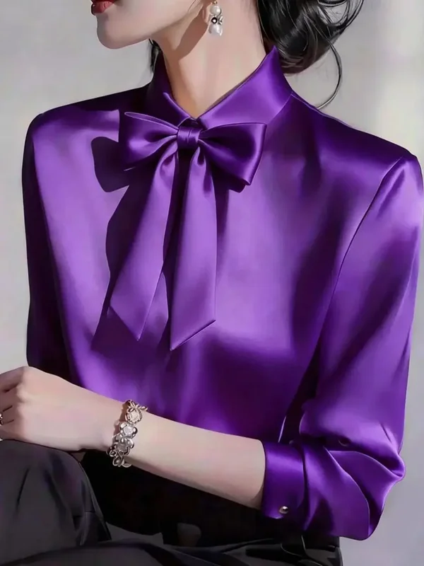 AliExpress - Elegante Satin-Bluse mit Schleife für Damen, Langarm, formelles Bürohemd