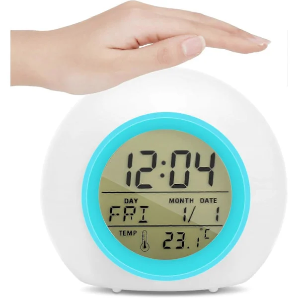 Digital Väckarklocka Säng Träningsklocka, Sängväckarklocka med 7 färgskiftande Nattlampor och 8 Alarmtoner, Temperatur, Kalender, Musik