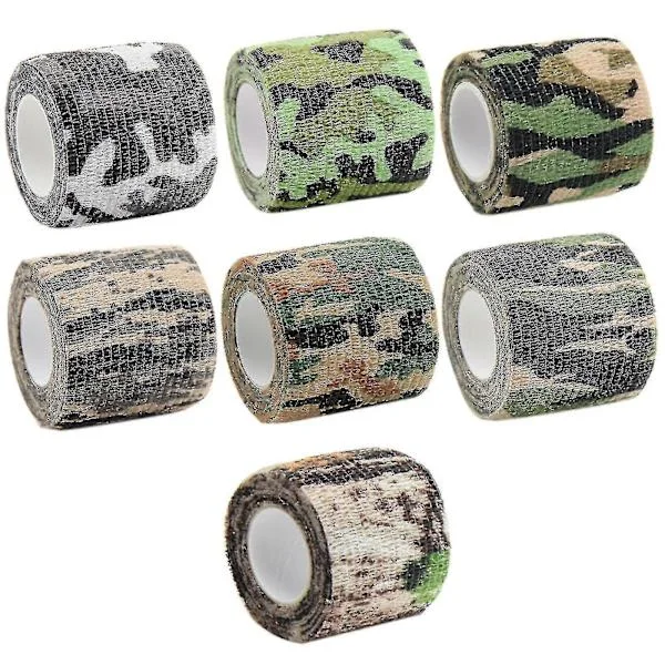 Kamouflagetejp, 7 rullar multifunktionell självhäftande non-woven stretchbandage för hagelgevär jakt camping wrap skydd (7 färger)--