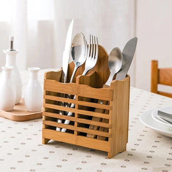iDesign Besticklåda för köksbänk, skåp eller matbord, liten bambulåda med lock
