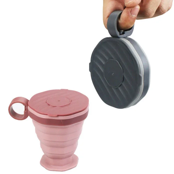 Foldable Silicone Coffee Cup - Collapsible Travel Mug with Lid and Strap - Reusable Portable Water Bottle for Camping Pink