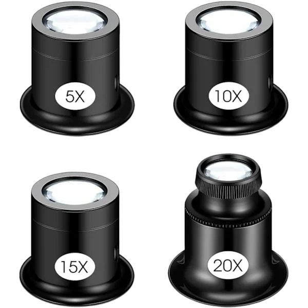 4 st Juvelerarluppar, Juvelerare Förstoringsglas Urmakare Glasögon, Lupp Förstorare för Smycken, Mynt, Stenar, Frimärken (5X 10X 15X 20X)
