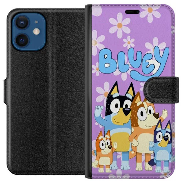 Kompatibelt Lommeboketui til Apple iPhone 12 mini Fargerik Bluey-motiv med familien på lilla bakgrunn og lekne blomster for barn